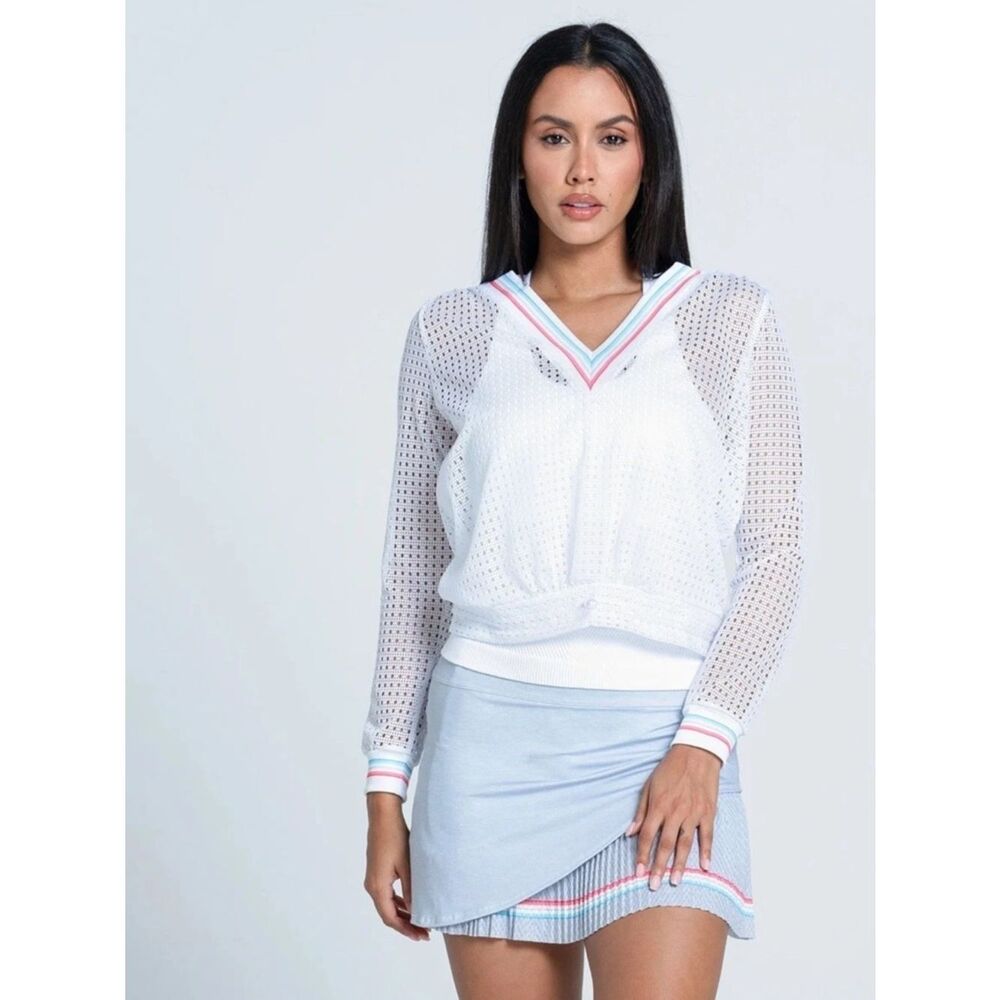Lucky in Love White Mesh V-Neck Cropped Pullover with Pastel Trim